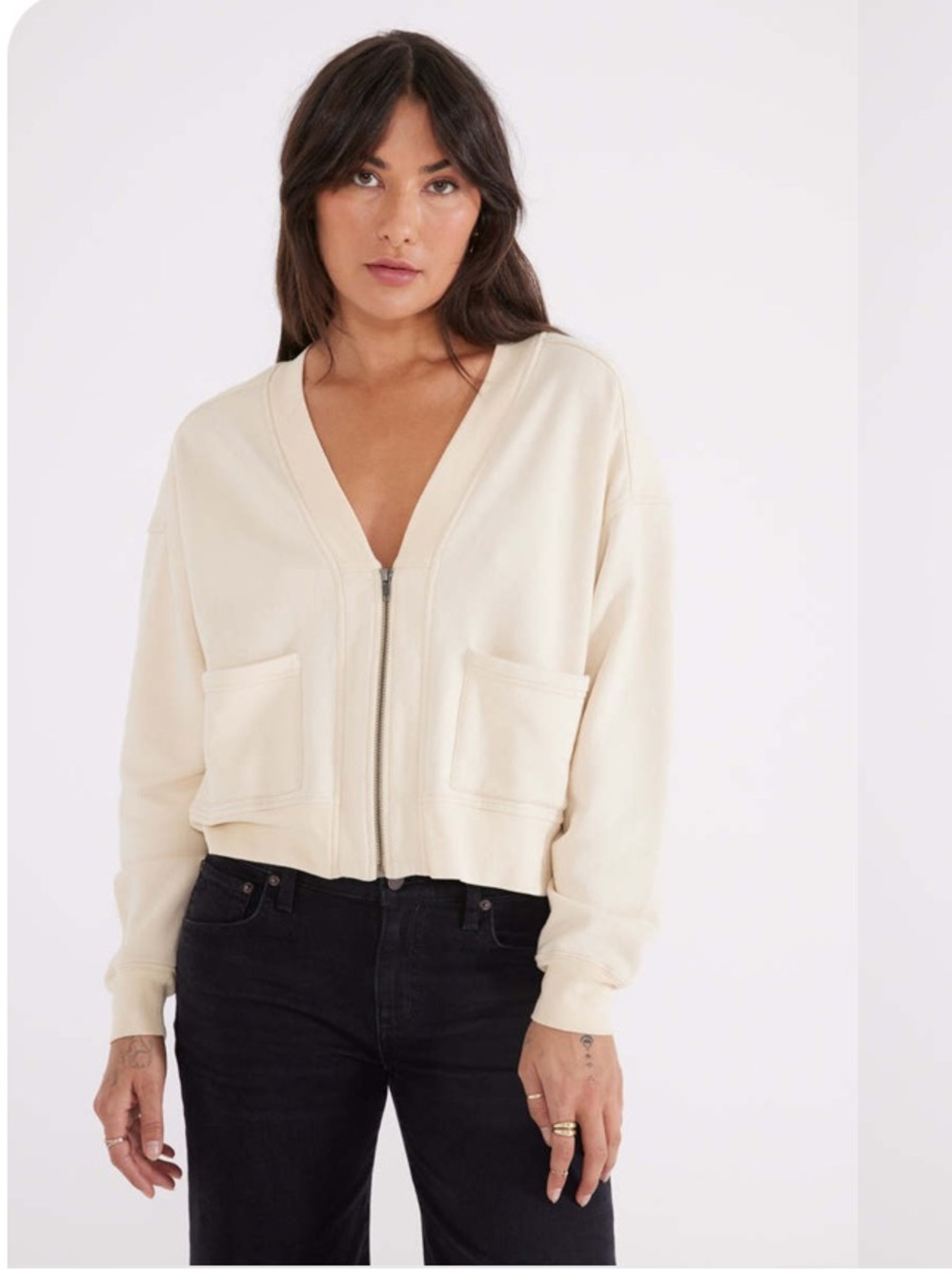 Etica Cream Zip Front V-Neck Sweatshirt Large 100% cotton